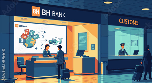 Airport bank and customs counters with travelers and currency exchange graphics