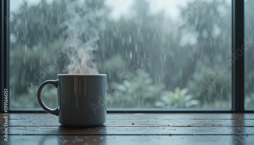 Steaming Coffee Mug on a Wooden Table with Rainfall Outside a Window Creating a Cozy Atmosphere