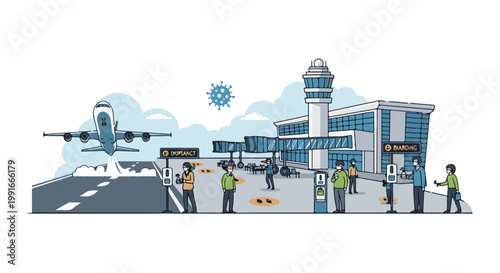 Airport scene with airplane taking off, terminal, and people practicing social distancing