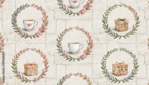 Decorative Floral Pattern Featuring Cups And Gift Boxes Surrounded By Wreaths On A Textured Background