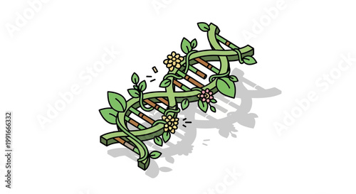 DNA helix intertwined with green vines and leaves as a concept of biotechnology.