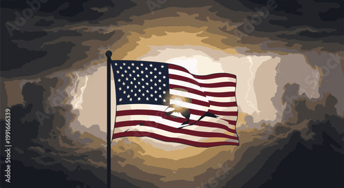 American flag waves against stormy sky with lightning and sunburst