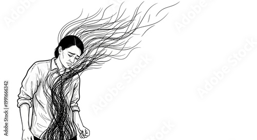 Emotional turmoil, stressed man, flowing hair, abstract illustration, black and white