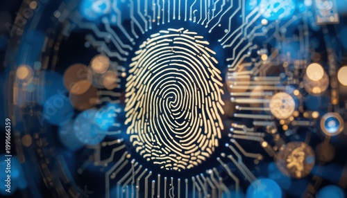 Close-Up Of A Digital Fingerprint Overlay On An Abstract Technology Background With Blue Lights