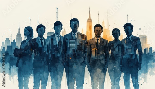 Silhouette of Diverse Business Team Against Urban Skyline at Dusk with Abstract Artistic Flair