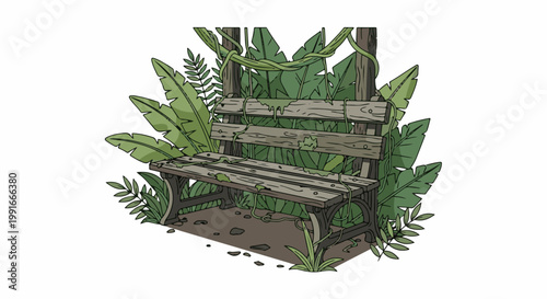 An abandoned wooden park bench overgrown with vines and lush tropical foliage