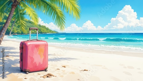 Pink Suitcase on a Sandy Beach with Palm Trees and Clear Blue Ocean Under a Bright Sky