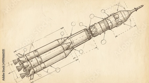 Detailed Blueprint Illustration of a Rocket Design with Schematic Elements in Vintage Style