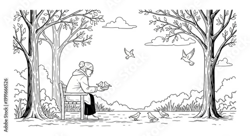 Hand drawn line art of elderly woman feeding birds in park, senior lady sitting on bench with pigeons, black and white coloring page vector illustration