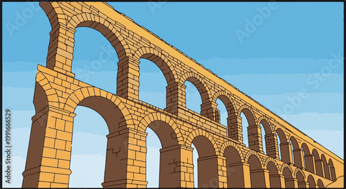 An ancient stone aqueduct with multiple arches against a blue sky