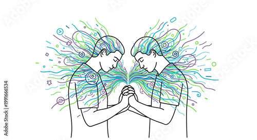 Mental health concept vector illustration, two men holding hands with colorful brain energy waves, psychological connection and empathy metaphor