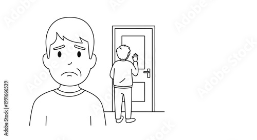 Sad man, worried face, person leaving, door closing, isolation, loneliness concept, line art, vector illustration