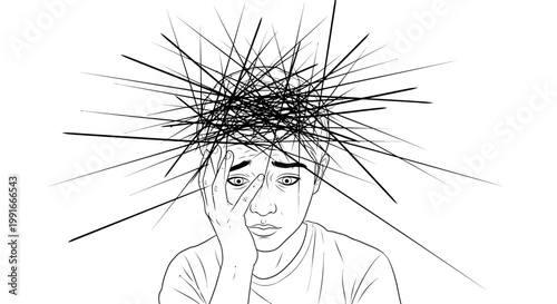 Stress, anxiety, confused woman, mental health, line art, vector illustration