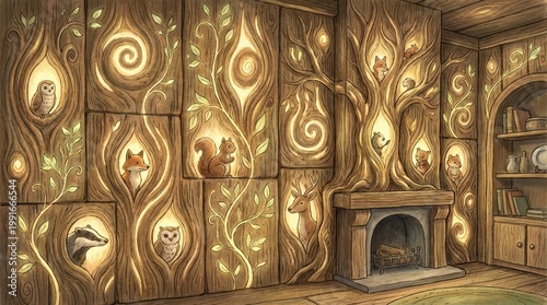 Intricate Wooden Wall Carvings with Nature Inspired Patterns and Illuminated Features in Cozy Room