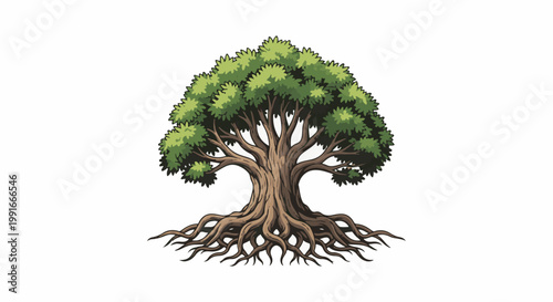 An ancient tree with a massive trunk and exposed roots, covered in green foliage