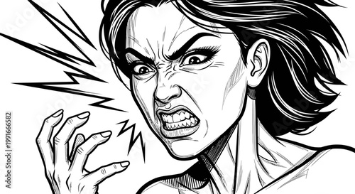 Angry woman face, furious female expression, screaming illustration, emotive vector portrait