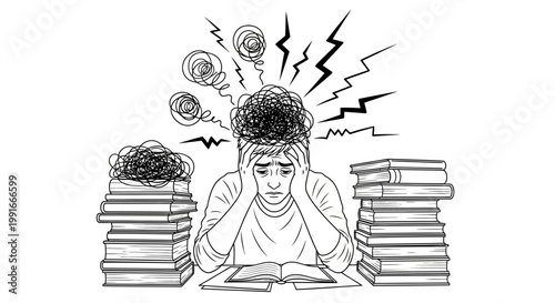 Overwhelmed student, stressed young person, frustrated learner, studying problems