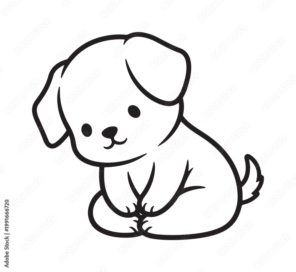 Obraz premium Cute kawaii puppy yoga pose illustration, adorable sitting dog in simple line art style, graphic design, minimalistic and charming viewpoint