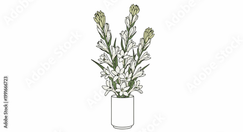 An artistic sketch of a white flower bouquet in a simple cylindrical vase