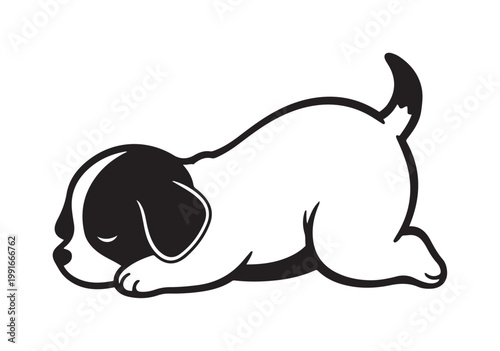 Cute kawaii dog puppy yoga pose illustration, adorable pet resting, graphic design, simple black and white, playful and calm viewpoint