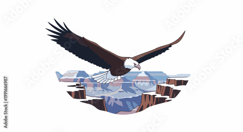An eagle soars over a pixelated canyon with its wings spread wide