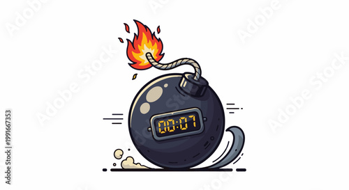 An illustration of a cartoon bomb with a lit fuse and a countdown timer showing 0007