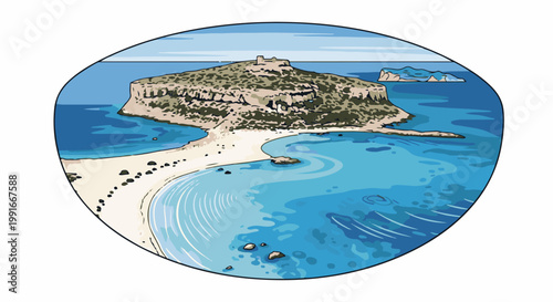 An island with a ruined structure sits in azure waters near a sandy beach