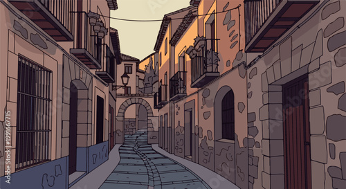 An old cobbled street winds uphill past stone buildings with balconies