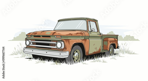 An old rusty truck sits in a grassy field with a cloudy sky