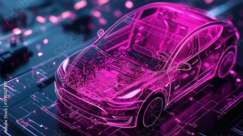 Futuristic neon pink transparent electric car design on circuit board background
