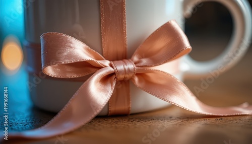 Close-Up of a Decorative White Mug Tied with a Soft Pink Ribbon on a Wooden Table Surface