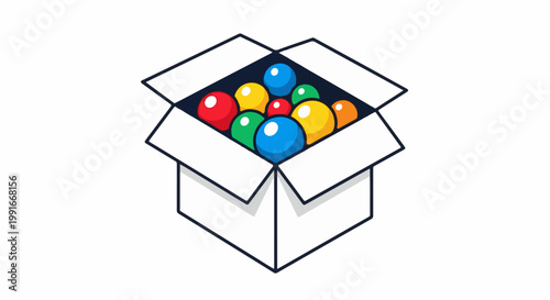An open box filled with colorful spheres, presented in a clean isometric illustration