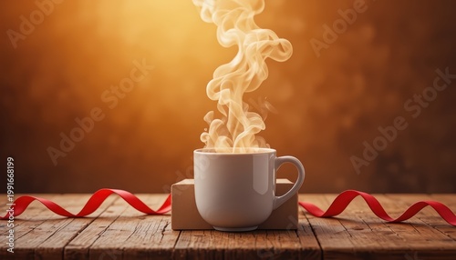 Steaming Cup of Coffee on a Rustic Wooden Table with Soft Light and Decorative Ribbon