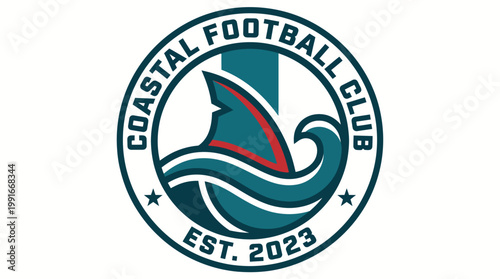 Striking vector logo design for a sports team, showcasing a bold shark fin and powerful ocean waves, embodying strength and coastal dynamics