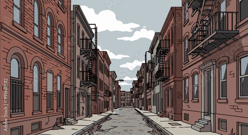 An urban street scene with row houses and fire escapes under a cloudy sky