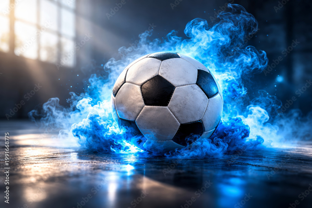 Obraz premium Spectacular soccer ball surrounded by blue smoke effects in action