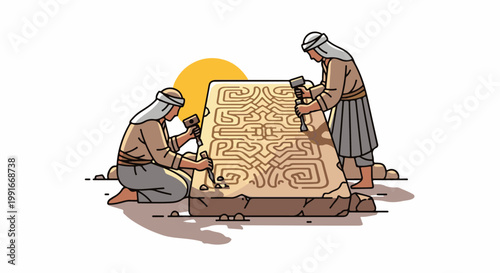 Ancient artisans carve intricate patterns into a stone monument