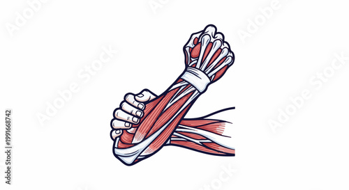 Anatomical illustration of two arms in an arm-wrestling grip, showing muscles and bones