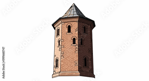Ancient brick tower with arched windows and a pointed roof on a white background
