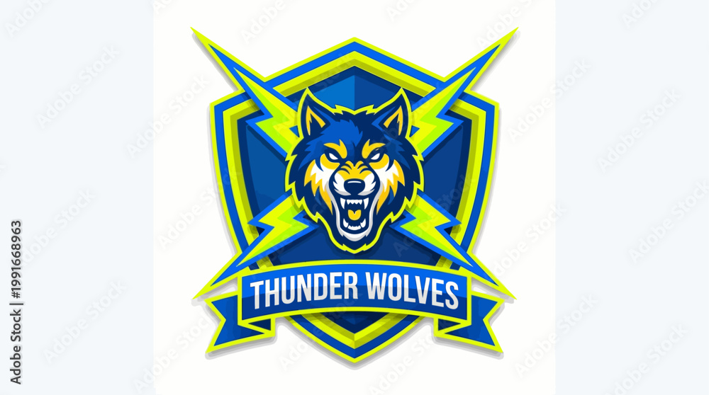Obraz premium Energetic Emblem of a Fierce Wolf with Lightning Bolts, Symbolizing Power and Speed for a Sports Team