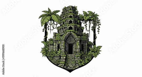 Ancient jungle temple ruins surrounded by lush tropical foliage