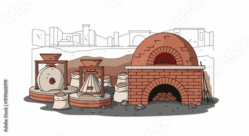 Ancient mill and brick oven scene with grain sacks in background