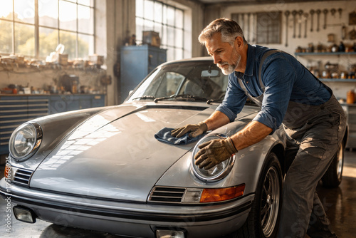 Mature man polishing classic car in automotive workshop setting