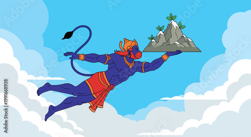 Hanuman Jayanti Vector - Lord Hanuman standing with gada, clean outline, flat vector style, no background, minimal colors