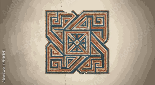 Ancient mosaic with intricate geometric patterns on a textured wall
