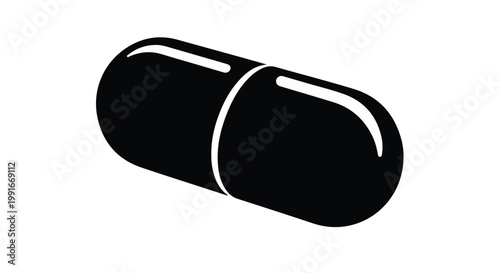 Black medicine capsule pill on white background, simple pharmaceutical or healthcare concept icon