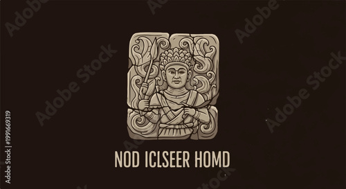 Ancient stone carving of a figure holding a weapon, with ornamental swirls