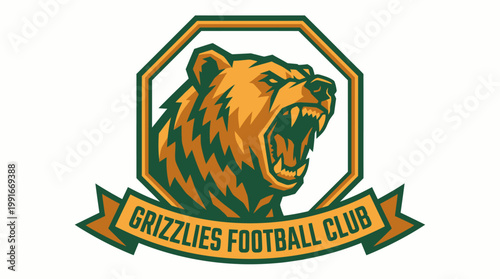Vibrant vector logo showcasing a fierce grizzly bear head in an octagonal crest, ideal for a competitive sports team or athletic organization branding