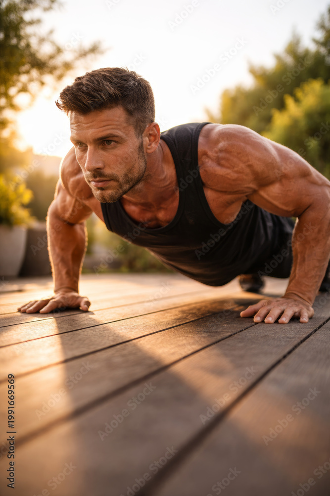 Obraz premium Fit man performing push-ups in a beautiful outdoor setting