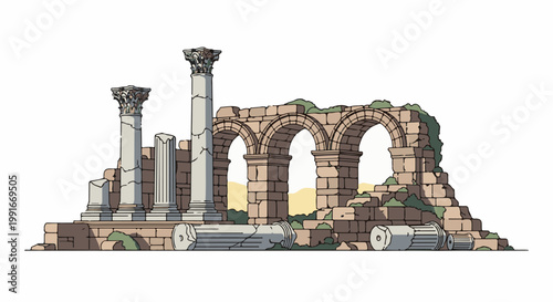 Ancient stone ruins featuring arched structures and broken columns overgrown with moss